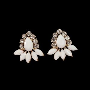 Vintage Art Deco White Lucite & Rhinestone Gold Tone Earrings Pierced Ear 24mm